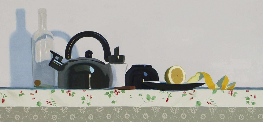 <b>ROLIK Ádám | Csendélet teáskannával (2008) | 56,5×150 cm, olaj, vászon | AMA BOOK I. | részlet</b>