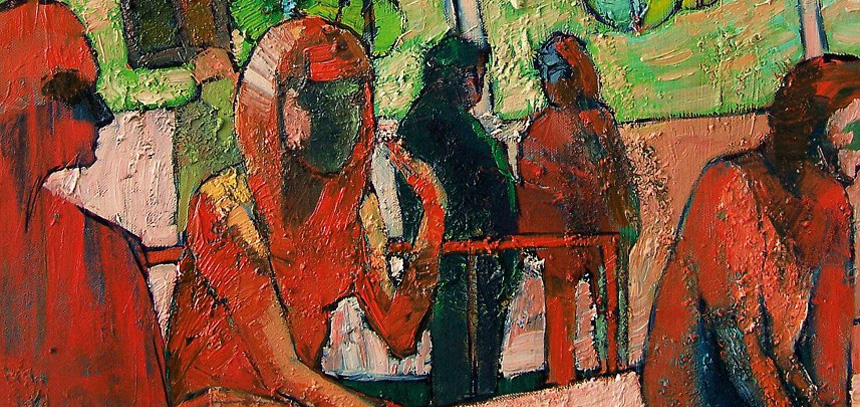 <b>PAPAGEORGIU Andrea | Kocsma az udvaron (2009) | 40×60 cm, olaj, vászon | AMA BOOK I. | részlet</b>